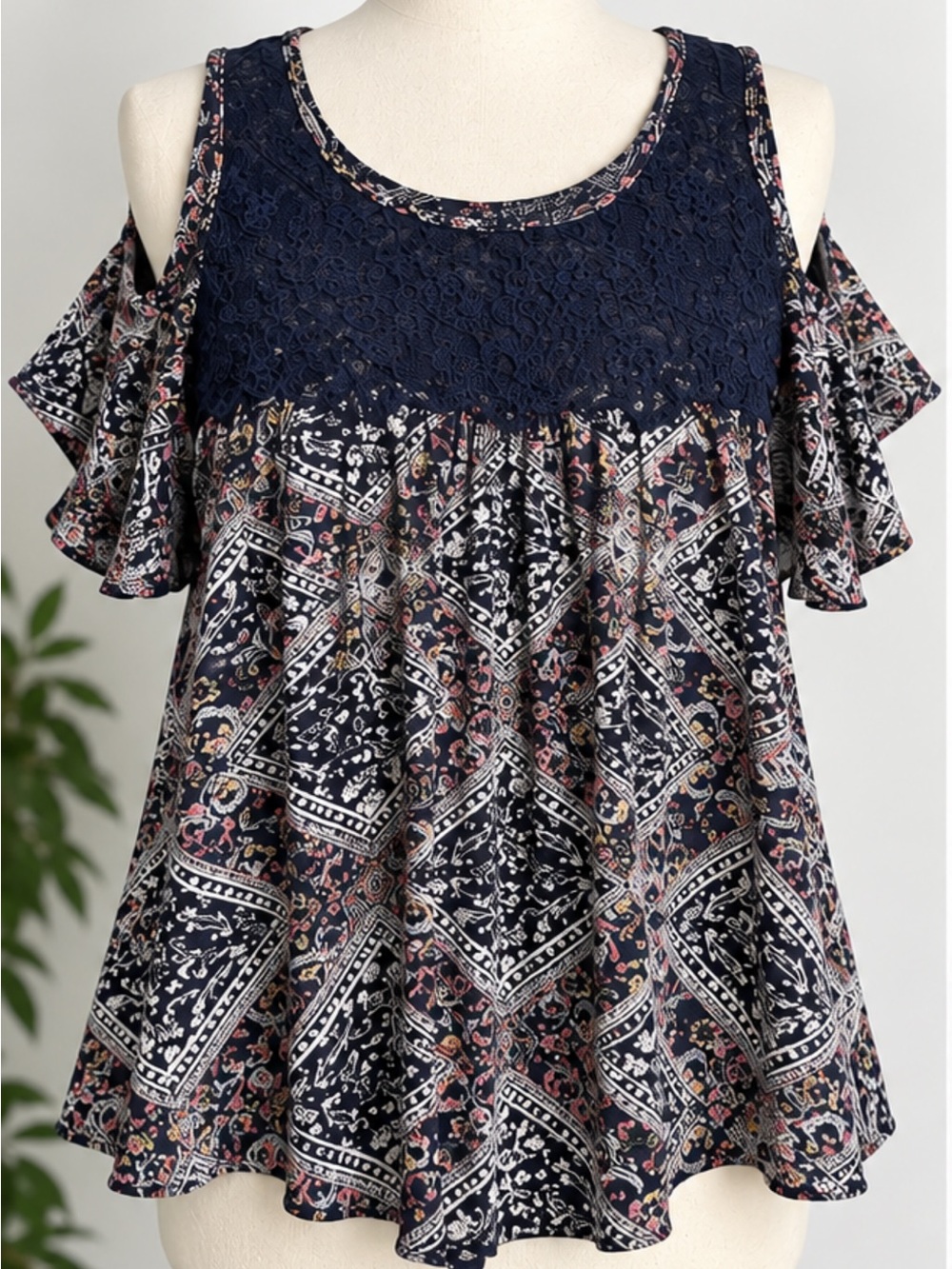 Maurices Plus Size 2X Paisley Lace Cold Shoulder Boho Top